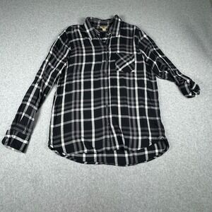Woolrich Womens Black White‎ Plaid Rayon Roll Tab Sleeve Button Down Shirt Large